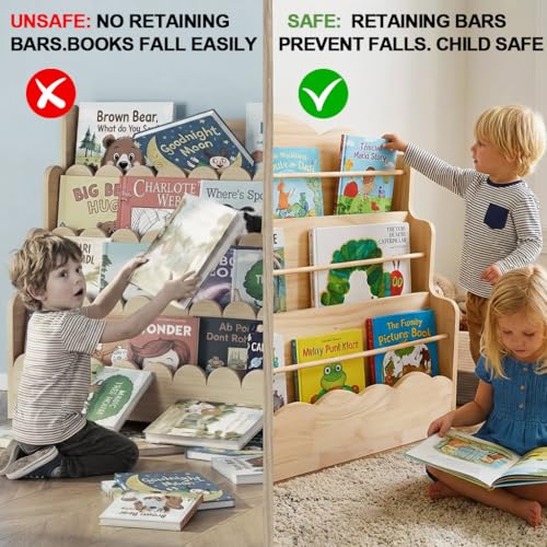 Amdermi 3-Tier Scalloped Montessori Bookshelf for Kids, Solid Wood Front-Facing Toddler Bookcase, Low Children’s Book Display Shelf for Nursery, Playroom, Classroom, Natura