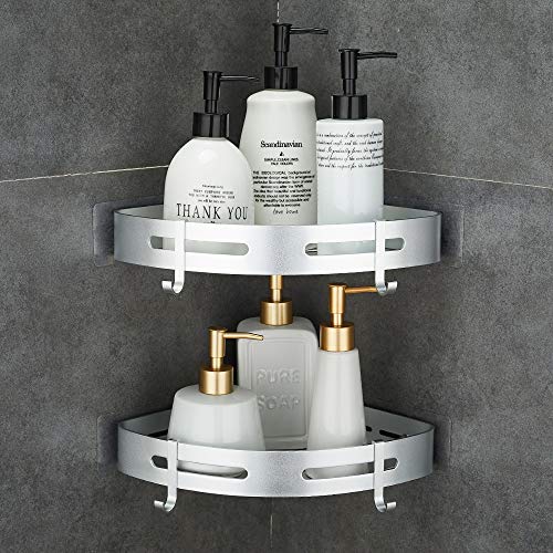 Corner Caddy Bathroom Shower Shelf Wall Mounted No Drilling 2 Tier Storage Shelves Adhesive Triangle Baskets Silver Bathroom Kitchen Storage Basket - color: Silver