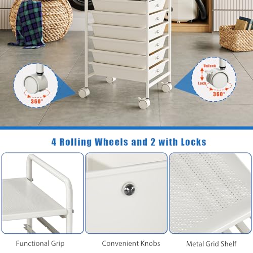 5-Tier Rolling Cart with 5 Drawers, Rolling Utility Cart with 2 Lockable Caster Wheels, Multipurpose Mobile Rolling Storage Drawer Cart for Office Bathroom Kitchen, Ivory White - size: White, 5-Tier