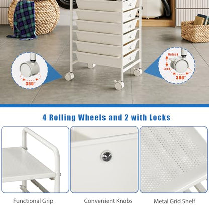 5-Tier Rolling Cart with 5 Drawers, Rolling Utility Cart with 2 Lockable Caster Wheels, Multipurpose Mobile Rolling Storage Drawer Cart for Office Bathroom Kitchen, Ivory White - size: White, 5-Tier