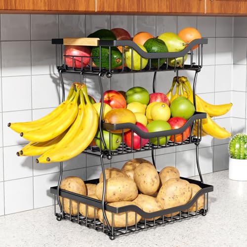 OKZEST 3-Tier Fruit Basket Fits Under Standard Upper Cabinet, 17.2" Tall | 2-In-1 Wall Mount & Countertop. Stackable Kitchen Organizer with Banana Hanger, Hold Potato, Onion, Bread, Snack, Can, Veggie - size: 3-Tier