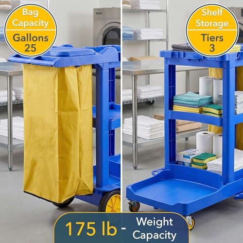44” x 18” x 38” Blue 3-Shelf Janitorial Cart Kit - Commercial Housekeeping Cart with Yellow Bag, Black Zippered Bag, Lid, Folding Handle for Hotels, Offices, Schools - 175 lb Capacity - size: Small (Blue)