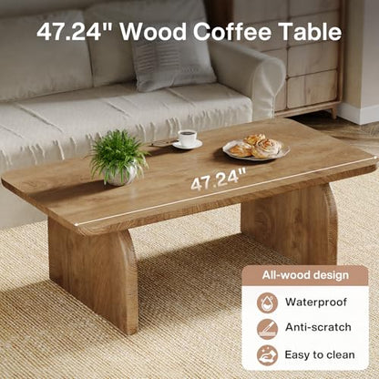Tribesigns Rectangle Coffee Table, 47-Inch Wood Rectangular Living Room Table, Farmhouse Accent Center Low Cocktail Tea Table with Sturdy Base & Rounded Corners, Easy Assembly (Natural Brown) - color: Natural Brown