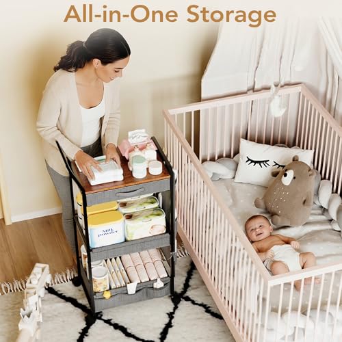 BBLIKE 3-Tier Diaper Caddy Organizer - Rolling Utility Baby Cart with Drawer and Side Pockets for Nursery and Baby Essentials, Multi-Function Cart for Bedroom and Bathroom, Gray - style: Drawer-Grey