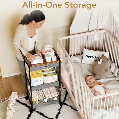 BBLIKE 3-Tier Diaper Caddy Organizer - Rolling Utility Baby Cart with Drawer and Side Pockets for Nursery and Baby Essentials, Multi-Function Cart for Bedroom and Bathroom, Gray - style: Drawer-Grey