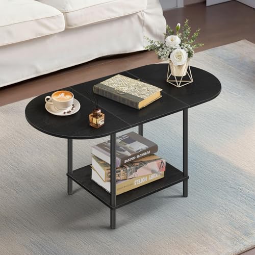 Black Coffee Tables for Living Room,Mid Century Oval Small Center Table with Storage Shelf and Wood Tabletop,2-Tier Farmhouse Low Cocktail Tea Table for Small Space,Apartment - color: Black