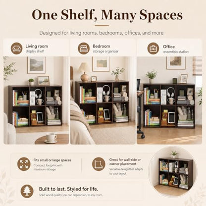 6-Cube Bookcase, 2-Tier Solid Wood Storage Organizer Brown 35.4in | Open Bookcase for Bedroom, Study, Bookstore & Office