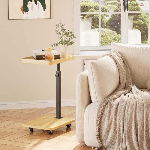 Tv Tray,Adjustable Height C Shaped End Side Table for Eating on Couch That Slide Under,360°Swivel Sofa Snack Dinner Table with Wheels for Living Room and Bedroom, Bed,Chair(Oak+Black) - color: Oak+black