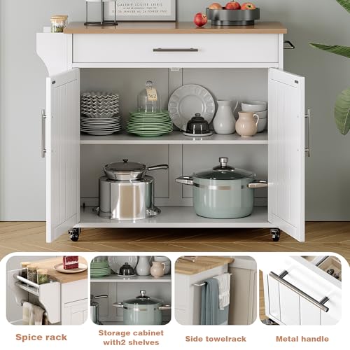 Kitchen Island with Storage, Wooden Countertop Rolling Kitchen Island On Wheels Storage Cabinet, Mobile Kitchen Island Cart with Towel Rack, Spice Rack and Drawers, White - color: White
