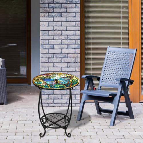 Cinnvoice Outdoor Side Table Round Small Mosaic Patio Accent Indoor End Plant Coffee Tea Table for Yard Patio Porch Garden Living Room, Bedroom(Butterfly Style,14 Inch) - size: 14 Inch, style: Butterfly Style