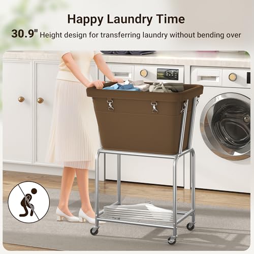 ELYKEN Rolling Laundry Hamper with Wheels, Removable Bag, Laundry Cart | Heavy Duty Metal Frame, 2-Tier Clothes Basket with Shelf, Ideal for Closet, Bedroom, Bathroom & Laundry Room - color: Camel Brown, size: 20.3"L x 15.9"W x 30.9"H