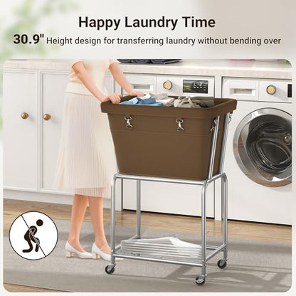 ELYKEN Rolling Laundry Hamper with Wheels, Removable Bag, Laundry Cart | Heavy Duty Metal Frame, 2-Tier Clothes Basket with Shelf, Ideal for Closet, Bedroom, Bathroom & Laundry Room - color: Camel Brown, size: 20.3"L x 15.9"W x 30.9"H