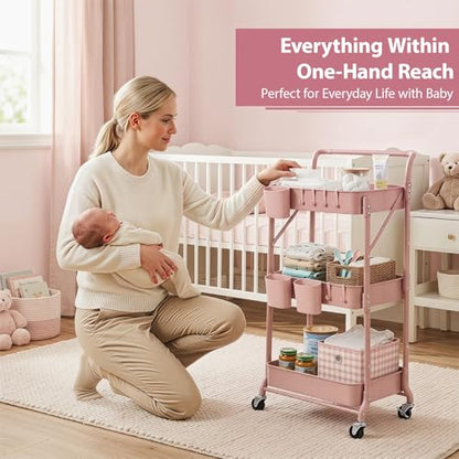 Amatic 3-Tier Folding Rolling Utility Cart with Wheels, Foldable Storage Cart Organizer with 3 Hanging Cups & 6 Hooks for Kitchen, Office, Living Room, Nursery(Pink) - color: Pink