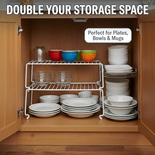 4-Pack Kitchen Cabinet Shelf Riser - Stackable Cupboard Organizer & Wire Rack for Pantry, Spice Organization, Desk & Bathroom, Rustproof Metal Closet Shelves, White (15.7" L x 8.5" W) - size: Large Stackable, style: 4-PACK
