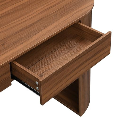 Modern MDF Office Desk with 2 Drawers & Open Shelves, Half-Cylinder Base Computer Table, Sleek Long-Lasting Workstation for Home Office, Study, or Bedroom, Stylish Storage Writing Desk, Dark Walnut