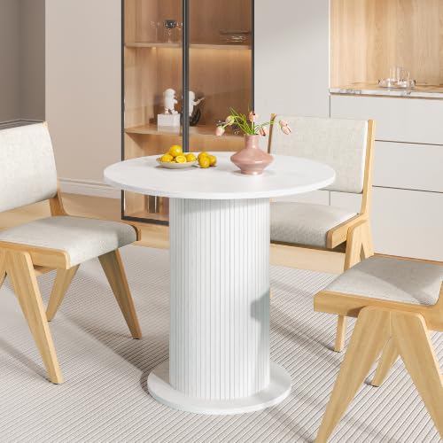 31.5 inch Round Dining Table for 2, Modern Farmhouse Kitchen Table, Small Circle Dining Tables with Wood Strip Base for Kitchen Living Room (White) - color: White