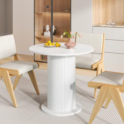 31.5 inch Round Dining Table for 2, Modern Farmhouse Kitchen Table, Small Circle Dining Tables with Wood Strip Base for Kitchen Living Room (White) - color: White