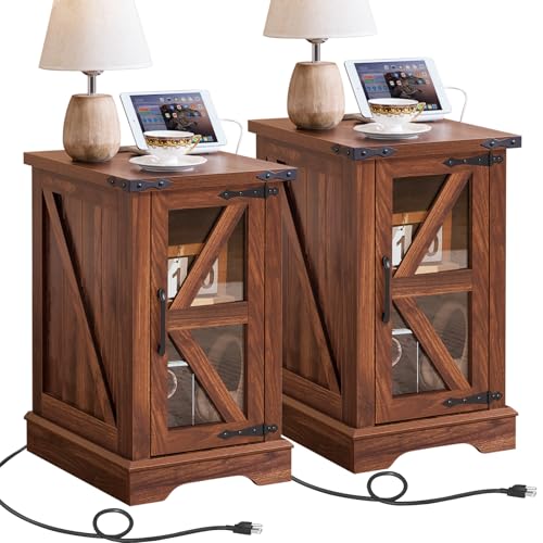 Joaxswe Narrow Night Stand Set 2 with Charger Station, Farmhouse Side End Table with Glass Barn Door Storage, Bedside Tables,Brown Nightstand Cabinet Organizer for Small Spaces Living Room Bedroom - color: Retro Brown, size: with Charger