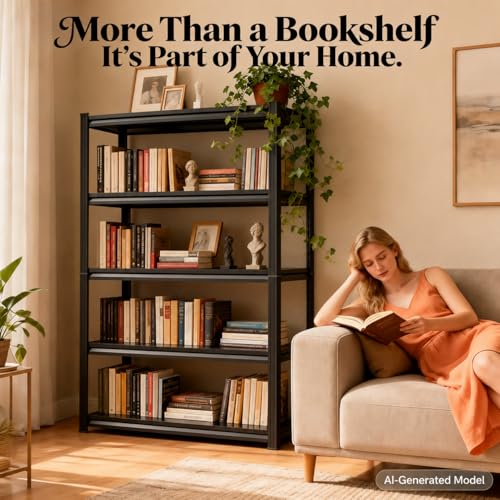 Modern Metal Book Shelf, Heavy Duty Black Bookshelf, Bolt-Free Deep Bookcase for CDs Movies Garage Kit, Adjustable Bookshelf in Living Room, Bedroom, Kitchen, Office, 32" W x14 D x32 H - size: 3-Tier 32"W x14"D x32"H