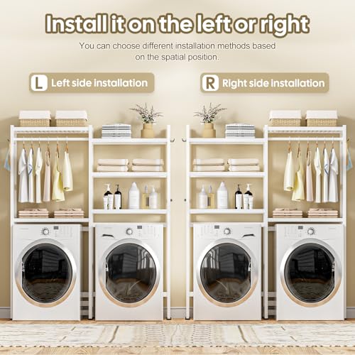 Cozivolife Over The Washer and Dryer Storage Shelf Bamboo,5 Tiers Laundry Room Drying Rack with Adjustable Shelves and 4 Hooks,Space Saver Organizer for Hanging Clothes and Towels (White) - color: White