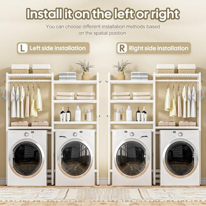 Cozivolife Over The Washer and Dryer Storage Shelf Bamboo,5 Tiers Laundry Room Drying Rack with Adjustable Shelves and 4 Hooks,Space Saver Organizer for Hanging Clothes and Towels (White) - color: White