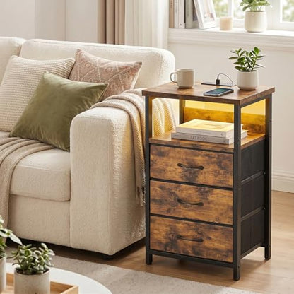 Fixwal Night Stand with Charging Station, LED Nightstand with Fabric Drawers, End Table with PU Finish, Bed Side Table, Rustic Brown - color: Rustic Brown, size: 27.6"H (3 drawers), style: Power+Light (1pc)