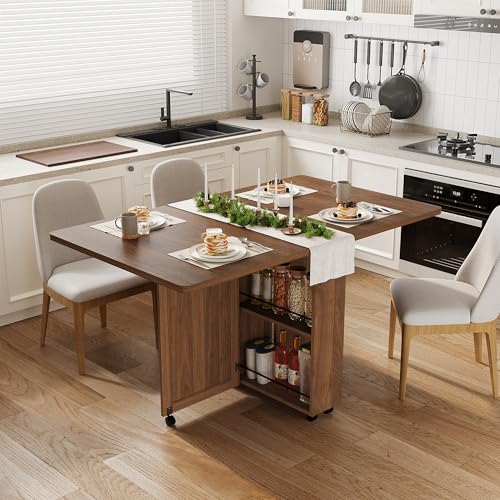 Garvee Folding Dining Table with Storage, Folding Kitchen Table with 6 Wheels, Drawer & Shelves, Compact Dining Table for Small Spaces - color: Brown