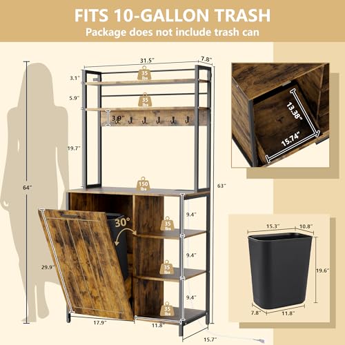 Kitchen Bakers Rack with Storage Shelf - 6-Tier Microwave Stand Oven Cabinet W/Tilting Trash Can Bin and Power Outlet, Farmhouse Thickened Coffee Bar Table Station W/6 Hooks&Adjustable feet - color: Brown