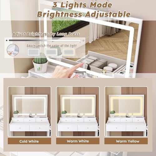 Vanity Desk with Large Mirror and Stool, Makeup Table with LED Lighted - 3 Color Models, Makeup Desk with 5 Drawers & Power Outlet & Hair-dryer Holder, Dressing Makeup Table for Home Apartment