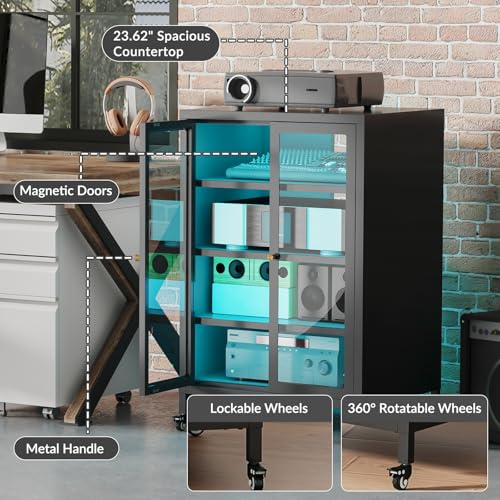 Metal Media Cabinet with 13-Color LED Lights & Swivel Wheels, 4-Tier Stereo Cabinet with Glass Doors, Adjustable Shelves AV Rack with Cable Management, Black - color: Black, style: Swivel Wheels + RGB Lights