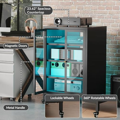 Metal Media Cabinet with 13-Color LED Lights & Swivel Wheels, 4-Tier Stereo Cabinet with Glass Doors, Adjustable Shelves AV Rack with Cable Management, Black - color: Black, style: Swivel Wheels + RGB Lights