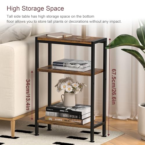 Narrow Side Table for Small Space, 3 Tier Slim End Table, Thin Nightstand, Skinny Snack Couch Table, Sofa Bedside Table in Living Room, Bedroom, Study, Kitchen and Balcony (Rustic Brown) - color: Rustic Brown, size: 3-Tier (7.9''D*17''W*26.6''H)