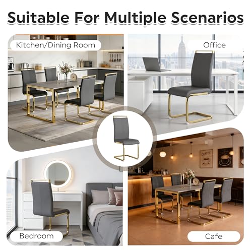 Baysitone Modern Dining Chairs Set of 2, Side & Kitchen Chairs with Gold Frame, Faux Leather Padded Seat High Back, for Dining, Kitchen & Living Room - Dark Grey - color: Grey With Gold Leg, size: Set of 2