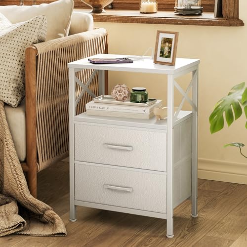 Huuger Nightstands Set of 2, Night Stand with Charger Station, 2 Drawer Side Table with Open Shelf, USB-C Port, End Table for Small Spaces, X Shaped Side Rail, White - color: White
