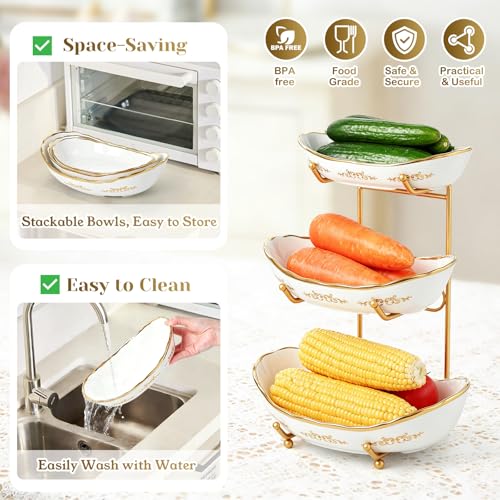 DUJUST 3 Tier Fruit Bowl, Elegant Ceramic Fruit Stand with Gold Scrollwork, Stackable & Easy to Store, Multifunctional Serving Tray for Fruit/Vegetables/Snacks - White Gold - color: 3-Tier White Gold