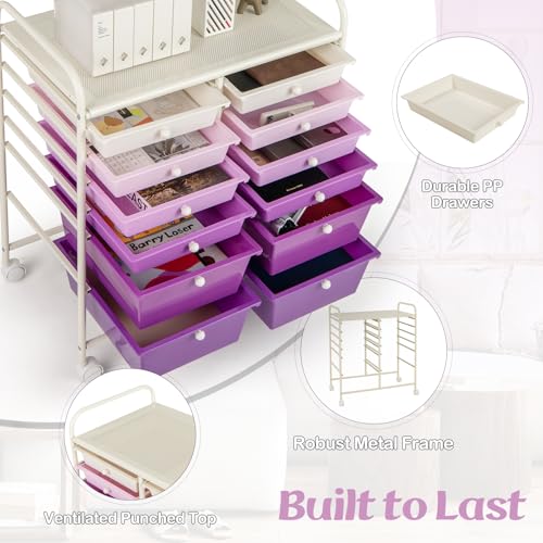 DREAMADE Rolling Cart with Storage Drawers, Utility Cart w/Removable Plastic Drawers, Lockable Wheels, Art Cart for Classroom Organization Art Supplies Office Scrapbook (12 Drawers, Purple Gradient) - color: Gradient Purple, style: 12 Drawers
