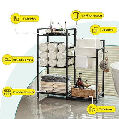 Towel Rack for Bathroom, 3-Tier Towel Drying Rack Stand, Freestanding Towel Organizer Holder, Bathroom Organizers and Storage for Rolled Folded Drying Towels, Black