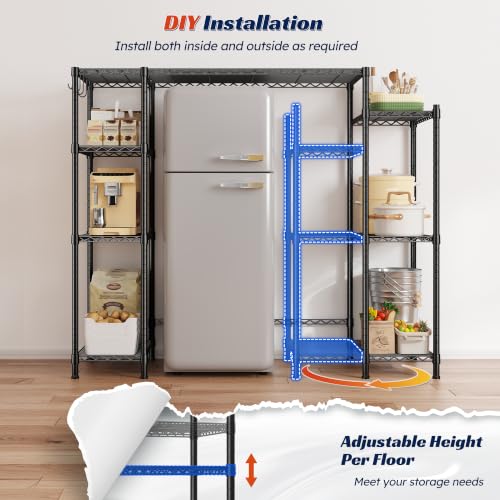 REIBII Mini Fridge Shelf with Storage,4-Tier Adjustable Shelves,665 lbs | With 8 Hooks,Fits Mini Fridge & Kitchen Appliances,Heavy Duty Steel Frame,Easy Tool-Free Assembly, Space-Saving,Dorm & Pantry - size: 52.2"H×50.12"W×18.2"D