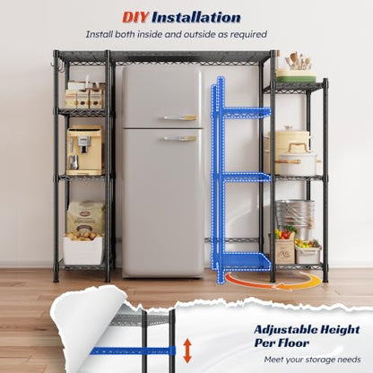 REIBII Mini Fridge Shelf with Storage,4-Tier Adjustable Shelves,665 lbs | With 8 Hooks,Fits Mini Fridge & Kitchen Appliances,Heavy Duty Steel Frame,Easy Tool-Free Assembly, Space-Saving,Dorm & Pantry - size: 52.2"H×50.12"W×18.2"D
