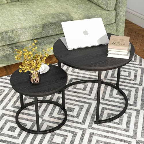 HOJINLINERO Round Nesting Coffee Table Set of 2,Small Black Coffee Table | Center Table for Living Room,Small Apartment,Small Space,Stacking Side Tables,Wood Tabletop,Sturdy and Easy to Assemble - color: Black, size: Small