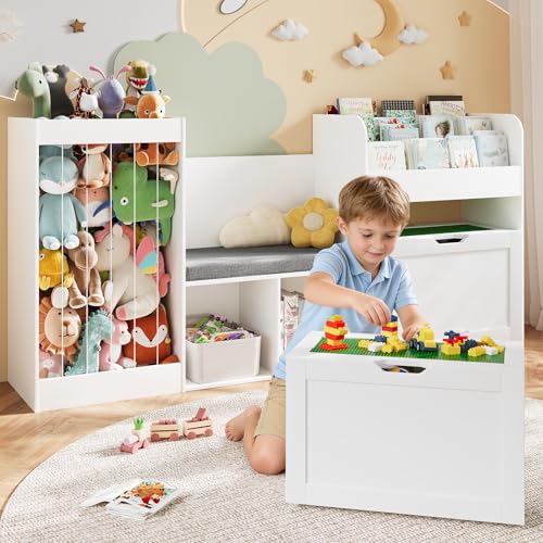 68.9" W Kids Reading Nook, Toy Storage Box with Removable Building Baseplate Play Lid for Lego, Wooden Bookshelf with Stuffed Animal Storage, Bench and Removable Cushions for Playroom(White) - color: White