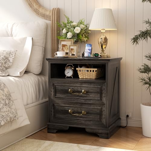 Unikito Farmhouse 24" Nightstand with Charging Station, Antique White | 2 Large Drawers, Vintage Handles, Sturdy Open Storage Side Table for Bedroom, Living Room, Home Office - color: Gray Oak, size: 1 PACK