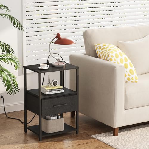 TUTOTAK Nightstand Set of 2, Night Stand with Charging Station, End Table, Bedside Table with Fabric Drawer, Side Table for Livingroom and Bedroom, Black TB01BK0692 - color: Black, style: Plug