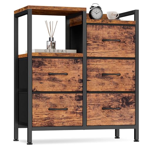 Rustic Brown Dressers for Bedroom, 5 Drawer Dresser for Closet | Small Fabric Dresser with 2 Tier Shelf, Drawer Units with Sturdy Metal Frame, Storage Cabinet Organizer for Hallway, Wood Top - color: Rustic Brown