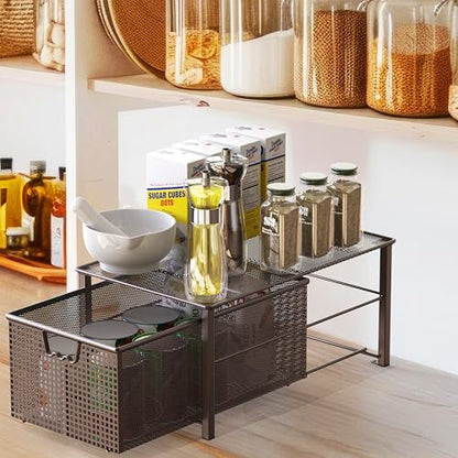 Deco Brothers Stackable Pull Out Cabinet Sliding Basket with Divider, Large | Under Sink Organizer, Bronze - color: Bronze