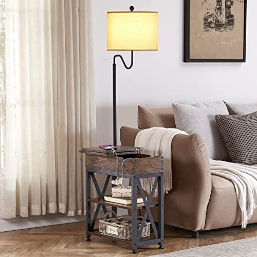 Dungoo Rustic Floor Lamp with Table Storage End Table with Charging Station | Lift-Top Storage, USB & Type-C Ports and 2 Outlets, Narrow Side Table with Built in Lamp for Living Room Bedroom - color: Brown