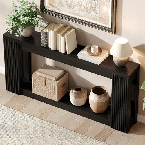 Maupvit Fluted Wooden Console Table with 2 Storage, 71 Inches Rectangular Entryway Table Behind The Couch, Farmhouse Boho Sofa Table for Entrance, Hallway, Living Room (Black) - color: Black