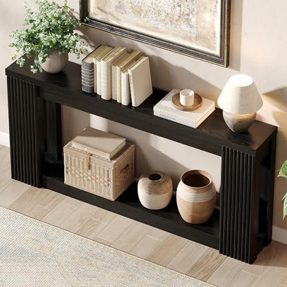 Maupvit Fluted Wooden Console Table with 2 Storage, 71 Inches Rectangular Entryway Table Behind The Couch, Farmhouse Boho Sofa Table for Entrance, Hallway, Living Room (Black) - color: Black