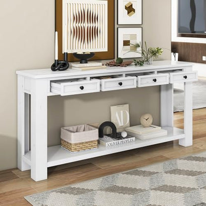 LKTART 63" Console Table for Entryway,Solid Wood Sofa Table with 4 Drawers | 2-Tier Solid Pine Wood Sofa Table,63" Entryway Table with Drawers ,Farmhouse Console Table for Hallway,Foyer,Antique White - color: Antique White