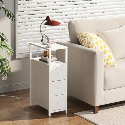 TUTOTAK Narrow Night Stand with Charging Station, Slim End Table | Tall Side Table with 3 Fabric Drawer, Small Bedside Table with Storage, Living Room, Bedroom, White TB01BW086 - color: White, size: 1 Pack (3 Drawers), style: With Plug